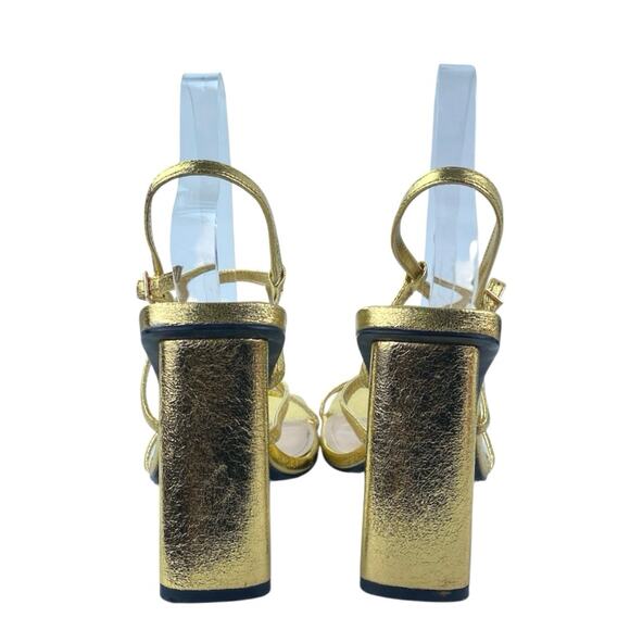 Zara Women's Gold Metallic Open Square Toe Sling Back Block High Heels Sandals 9 - Picture 3 of 5